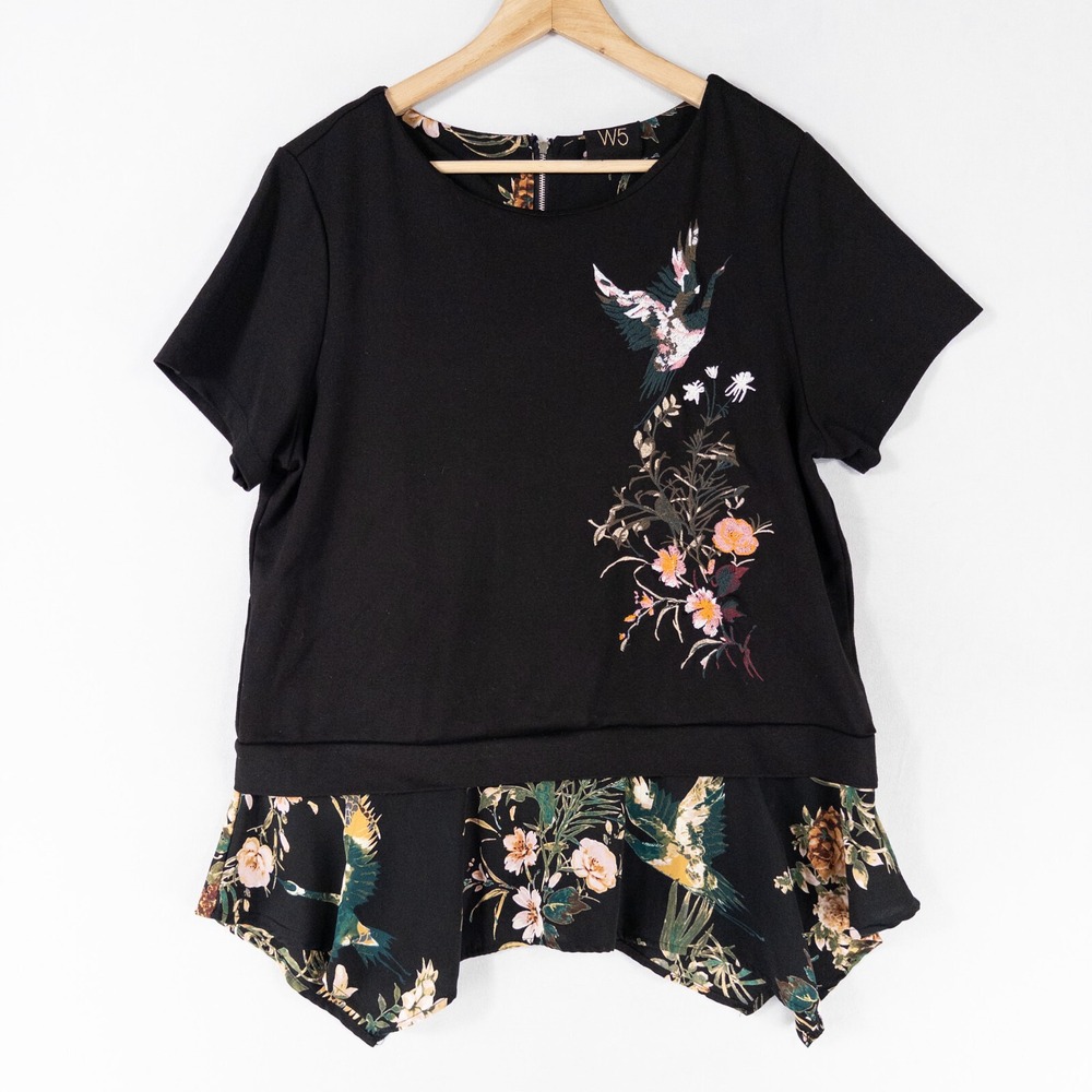 W5 Top Shirt Blouse Womens Sz Large Black Floral Birds Embroiderd Stretch Knit